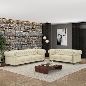 Conjunto de Sofá Sala de Estar Stanford Chesterfield 2 e 3 Lugares 200cm/260cm Pés Madeira Couro Off White G58 - Gran Belo