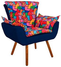 Poltrona Sala Pé Palito de Madeira Opala Romero Britto D15 Suede Azul M D03 - D'Rossi