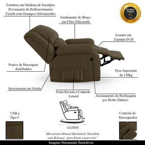 Poltrona do Papai Reclinável Sala de Cinema Madrid Glider Manual Giratória Massagem USB Veludo Capuccino  G23