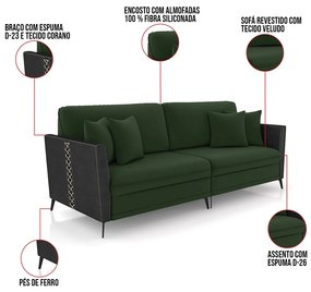 Sofá 4 Lugares Living 262cm Mondaí Sintético Preto/Veludo K01 - D'Rossi - Verde