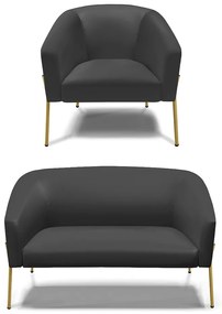 Sofá Namoradeira e Poltrona Pé de Ferro Dourado Stella Sintético D03 - D'Rossi - Preto