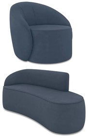 Sofá 3 Lugares Orgânico 180cm Morgan e Poltrona Lua Suede Azul M D03 - D'Rossi