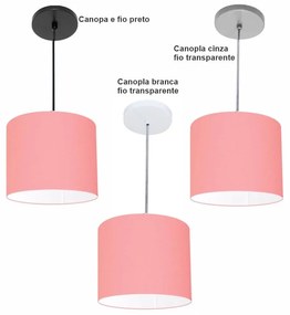 Luminária Pendente Vivare Free Lux Md-4105 Cúpula em Tecido - Rosa-Tela - Canopla cinza e fio transparente