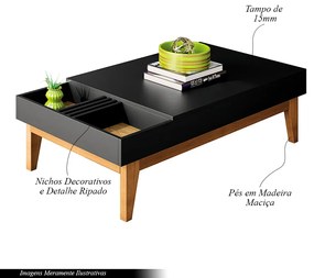 Mesa de Centro Decorativo Ripado Pés Madeira Maciça Bled Preto/Carvalho Intense G26 - Gran Belo