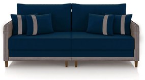 Sofá Living Montecarlo 3 Lugares Bipartido 252cm Pés em Madeira Veludo/PU Azul/Cinza G33 - Gran Belo