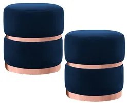Kit 2 Puffs Decorativos com Cinto e Aro Rosê Round C-304 Veludo Azul M