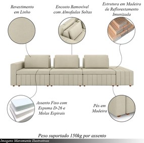 Sofá Ilha com Encosto e Almofadas Móveis Olimpo 335cm Modulado Linho Bege G45 - Gran Belo