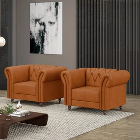 Kit 2 Poltronas Decorativas Sala de Estar Stanford Chesterfield Pés de Madeira Couro Terracota G58 - Gran Belo