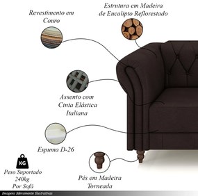 Conjunto de Sofá Sala de Estar Stanford Chesterfield 2 e 3 Lugares 180cm/240cm Pés Madeira Couro Marrom G58 - Gran Belo