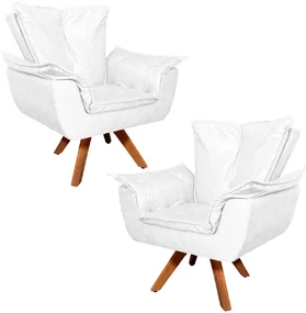 Kit 2 Poltronas Decorativas Base Giratória em Madeira Charger PU Branco G19 - Gran Belo