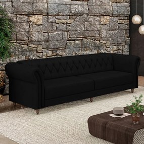 Sofá Living Sala de Estar Stanford Chesterfield 3 Lugares 240cm Pés de Madeira Couro Preto G58 - Gran Belo