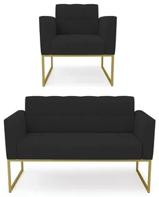 Kit 1 Sofá Namoradeira e 1 Poltrona Elisa Veludo Preto Base Metálica Industrial Dourado - D'Rossi