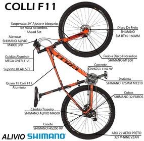 Bicicleta Colli F11 Kit Alivio Shimano Aro 29 Freio hidráulico Quadro 17'' 27V Alumínio Laranja L11 - Colli Bike