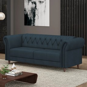 Sofá Living Sala de Estar Stanford Chesterfield 2 Lugares 180cm Pés de Madeira Couro Azul Marinho G58 - Gran Belo