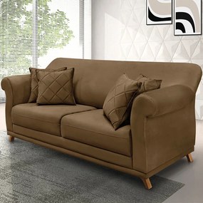 Sofá 3 Lugares Pé de Madeira Julieta 200 cm Suede Caramelo S04 - D'Rossi