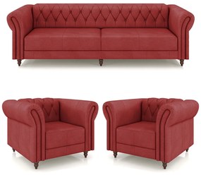 Conjunto Sala de Estar 1 Sofá Living 260cm e 2 Poltronas Stanford Chesterfield Pés Madeira Couro Vermelho G58 - Gran Belo