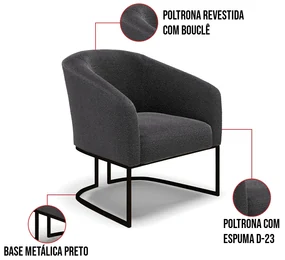 Namoradeira e 2 Poltronas Industrial Preto Stella Bouclê Grafite D03 - D'Rossi