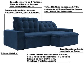 Sofá Retrátil 254 cm Sala de Estar Gabi Suede Azul Marinho G52 - Gran Belo