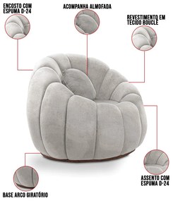 Sofá 2 Lugares com Puff e Poltrona Giratória Orgânica Cloud Bouclê Cinza Claro E03 - D'Rossi
