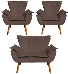 Conjunto 2 Poltronas e 1 Namoradeira Pés Palito Charger Suede Marrom G19 - Gran Belo