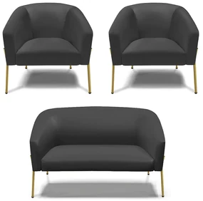 Namoradeira e 2 Poltronas Pé de Ferro Dourado Stella Sintético Preto D03 - D'Rossi