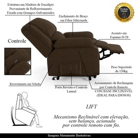 Poltrona do Papai Reclinável Sala de Cinema Madrid Elevação Lift Elétrico Veludo Marrom  G23