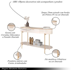 Conjunto Aparador Decorativo Amanda 1 Gaveta e Mesa de Centro Bento 1 Gaveta Pés Metálicos Dourados Off White G18 - Gran Belo