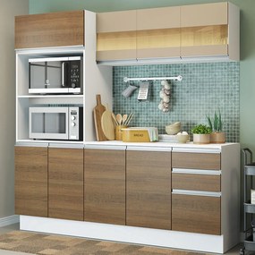 Cozinha Compacta 100% MDF Madesa Smart 190 cm Com Armário, Balcão e Tampo Branco/Rustic/Crema Cor:Branco/Rustic/Crema