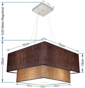 Lustre Pendente Duplo Quadrado Vivare Md-4083 Cúpula em Tecido 70x50cm - Bivolt - Café-Palha - 110V/220V