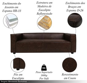 Sofá Decorativo Ryan 3 Lugares Sala de estar 220cm Couro Marrom Tabaco Manchado G40 - Gran Belo