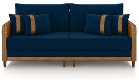 Sofá Living Montecarlo 3 Lugares Bipartido 252cm Pés em Madeira Veludo/PU Azul/Caramelo G33 - Gran Belo