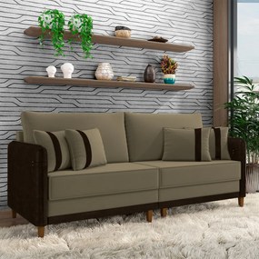 Sofá Living Montecarlo 3 Lugares Bipartido 252cm Pés em Madeira Veludo/PU Castor/Marrom G33 - Gran Belo