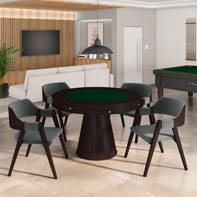 Conjunto Mesa de Jogos Carteado Bellagio Tampo Reversível e 4 Cadeiras Madeira Poker Base Cone Veludo Cinza/Tabaco G42 - Gran Belo
