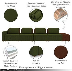 Sofá Ilha com Encosto e Almofadas Móveis Olimpo 505cm Modulado Linho/PU Verde/Marrom G45 - Gran Belo