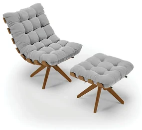 Poltrona com Puff Giratório Costela Suede Base de Madeira MA30 M11 - D'Rossi - Cinza