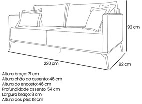 Sofá 3 Lugares Pé de Ferro Preto Rafaela 220 cm Linho S04 - D'Rossi - Cinza