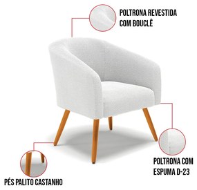 Namoradeira e 2 Poltronas Pé Palito Castanho Stella Bouclê D03 - D'Rossi - Off White