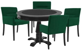 Mesa de Jogos Carteado Redonda Victoria Tampo Reversível Preto com 4 Cadeiras Vicenza Suede Verde G36 G15 - Gran Belo
