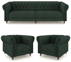 Conjunto Sala de Estar 1 Sofá Living 240cm e 2 Poltronas Stanford Chesterfield Pés Madeira Couro Verde G58 - Gran Belo