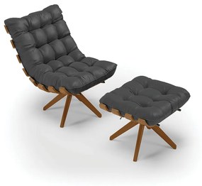 Poltrona com Puff Giratório Costela Sintético Preto Base de Madeira MA30 M11 - D'Rossi