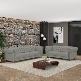 Conjunto de Sofá Sala de Estar Stanford Chesterfield 2 e 3 Lugares 200cm/260cm Pés Madeira Couro Cinza G58 - Gran Belo