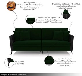 Sofá Living Decorativo Zagreb 2 Lugares 182cm com Almofadas Pés de Ferro Veludo/PU Verde/Preto G33 - Gran Belo