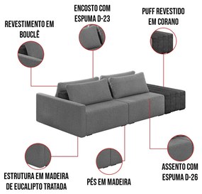 Sofá Ilha 2 Lugares Living 292cm Modulado Sala Lary Bouclê Cinza/PU Pto K01 - D'Rossi