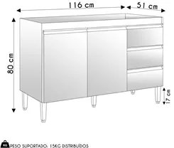 Balcão de Cozinha Para Pia 120cm 3 Gavetas Andréia Amêndoa/Preto - AJL