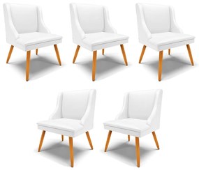 Kit 5 Cadeiras Decorativas Sala de Jantar Pés Palito de Madeira Firenze PU Branco Fosco/Natural G19 - Gran Belo