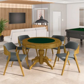Conjunto Mesa de Jogos Carteado Bellagio Tampo Reversível e 4 Cadeiras Madeira Poker Base Estrela Veludo Cinza Escuro/Mel G42 - Gran Belo