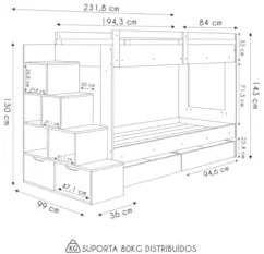 Beliche Infantil Com Escada e 4 Gavetas Infix C06 Aveiro/Branco - Mpoz