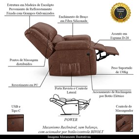 Poltrona do Papai Reclinável Melim Elétrica LED Massagem PU Brilho FH1 - D'Rossi - Marrom