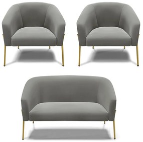 Namoradeira e 2 Poltronas Pé de Ferro Dourado Stella Suede Grafite D03 - D'Rossi