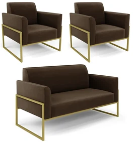 Sofá Namoradeira com 2 Poltronas Base Industrial Alta Dourado Marisa Suede Marrom D03 - D'Rossi
